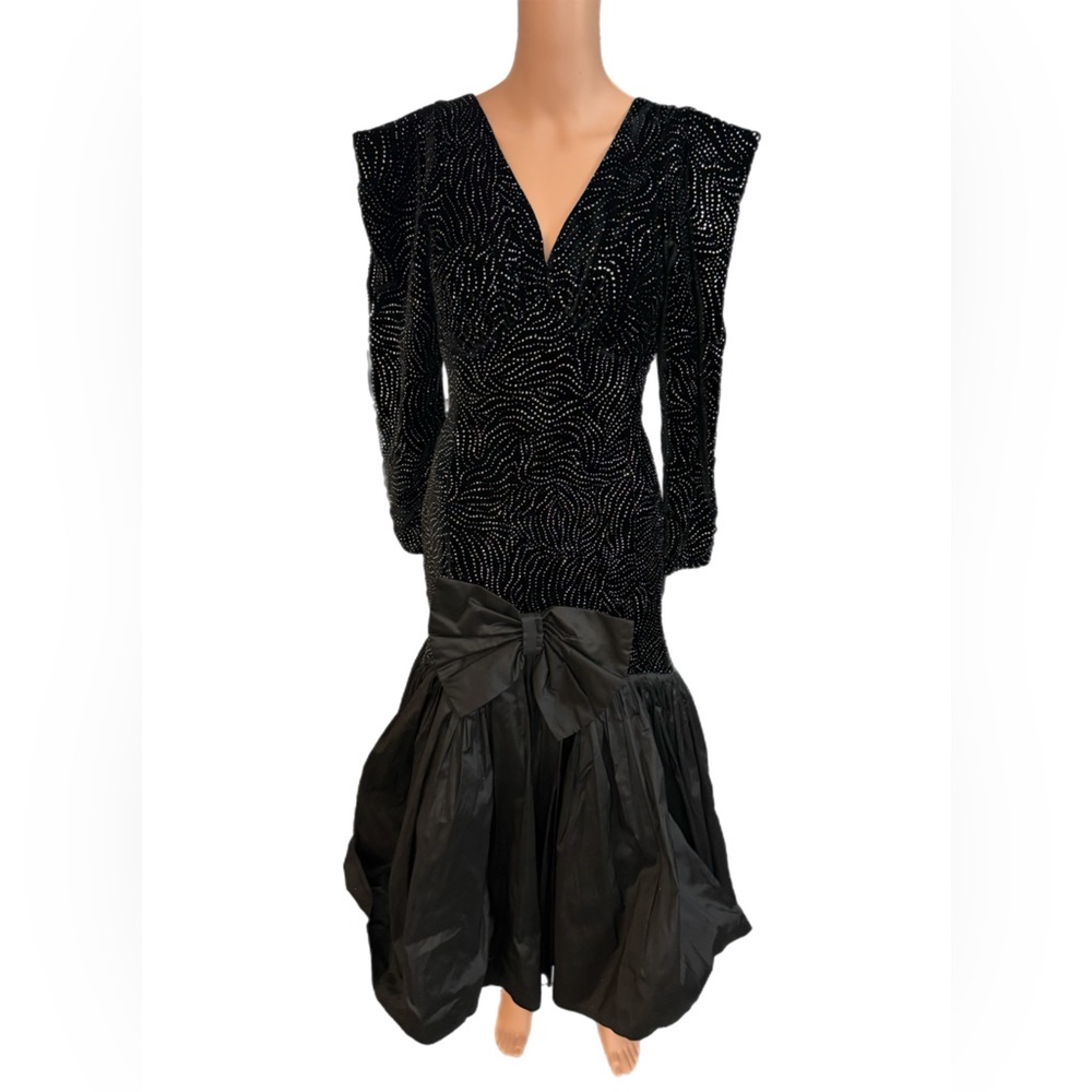 Vintage Hidy Misawa London Black Dramatic Ruched Sleeve Ball Long Dress